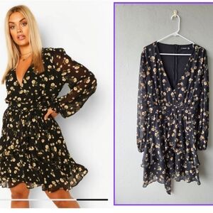 Boohoo Floral V-Neck Ruffle Hem Dress Sz 16 Black Yellow Dress NWOT